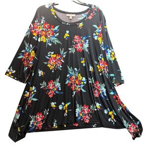 Woman Within Tunic Top Women Large 18/20 Black Floral 3/4 Sleeve Boho Lagenlook